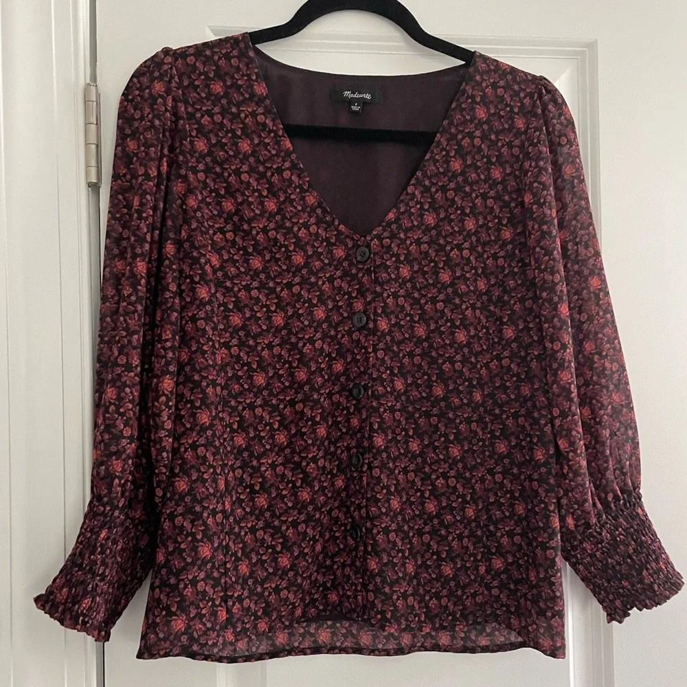 Madewell (Re)sourced Georgette Smocked-Cuff Button-Top in Orchard Floral size 2 - Picture 2 of 6
